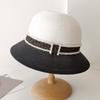 Elegant splicing top hat straw bucket hat women's summer seaside vacation sun protection UV shade straw hat