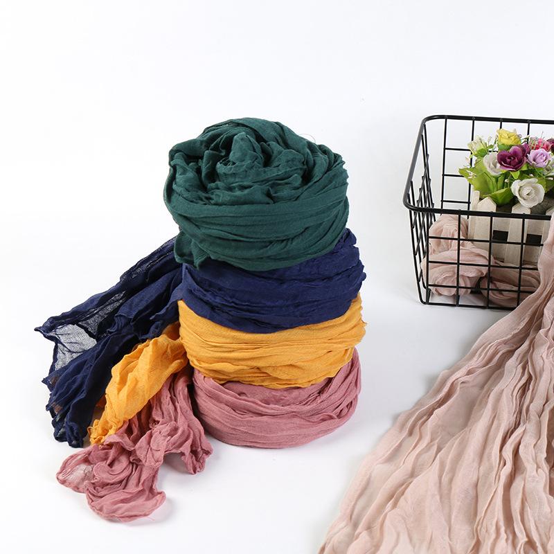 Solid Color Crinkle Cotton Linen Scarf New Warm Silk Pleated Green Retro Thin Long Strip Shawl Men And Women'S