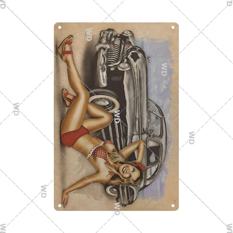 Retro Pin Up Girl American Style Tin Sign Metal Vintage Plaque Wall Signs Metal Poster Plate Garage Bedroom Man Cave Gift Decor