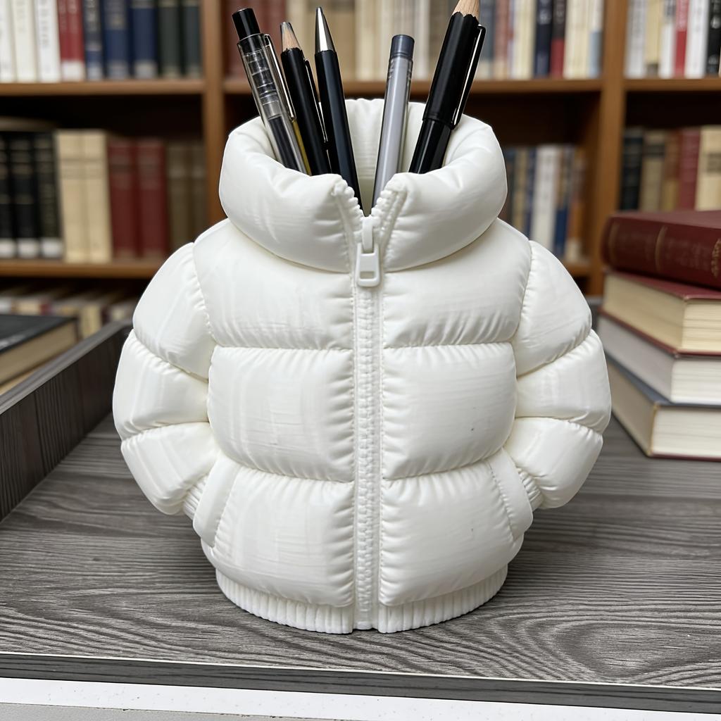 1pc Cute Down Jacket-Shaped Pen Holder, Creative 3D Printed Novelty Coaster Set for Classroom Students, Desktop Stationery