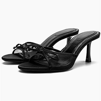 Fashion Luxury Brand Designer Women Slippers Sexy Mesh Open Toe Thin High Heels Elegant Bow Decoration Heeled Sandals Summer Slide Shoe