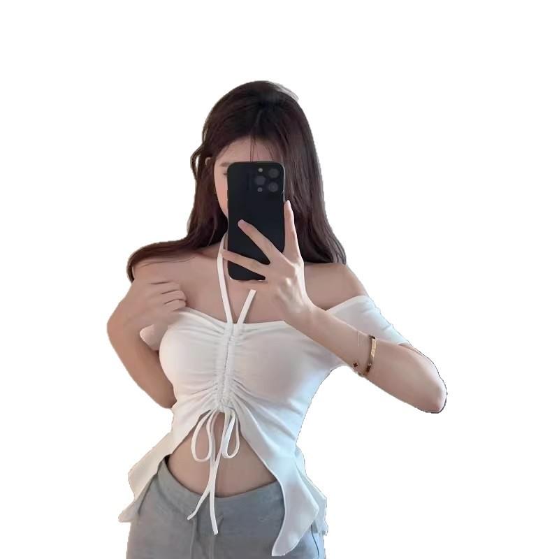 Summer Irregular Neck Collar Off-the-shoulder T-shirt Women's Fashion Chic Drawstring Strap Pleated Spice Top Ins