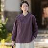 Johnature Women Vintage Shirts Stand Tops Spring Chinese Style Solid Color Long Sleeve Button Female Shirts