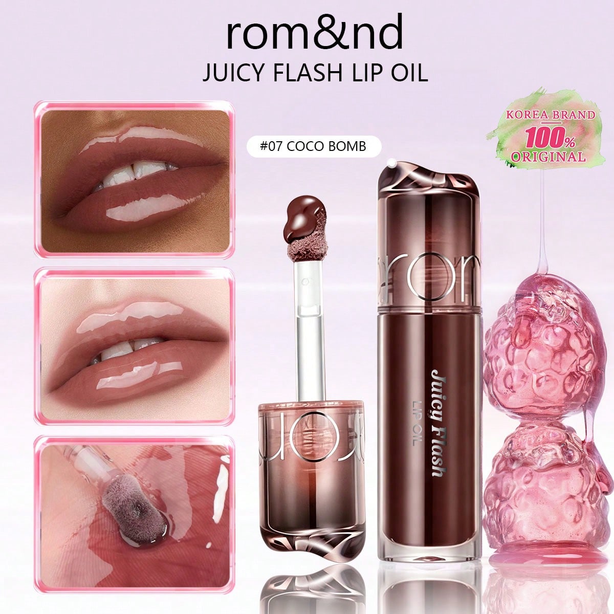 rom&nd JUICY FLASH LIP OIL 00-08, Hydraterend & Glanzend, Hydraterend Zonder Plakkerigheid, Langdurige Kleur, , Koreaanse Schoonheid, , Cadeau 4,5g/0,15oz. 07 COCO BOMB brown