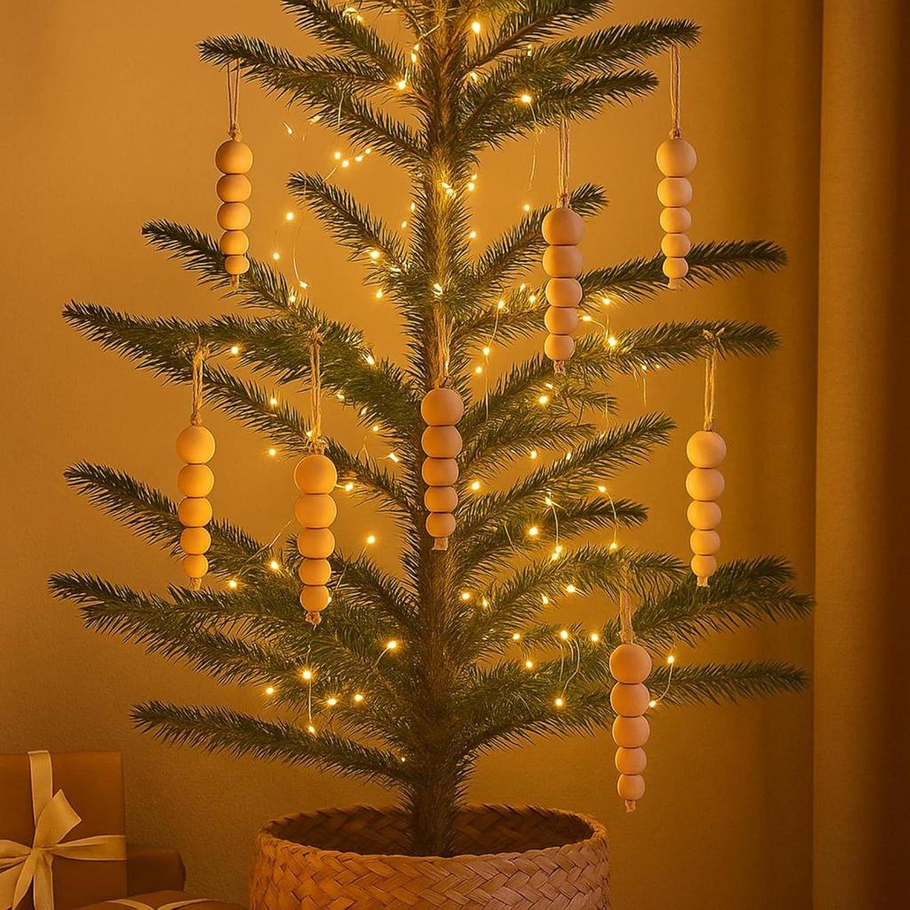 Pack of 5 Wood Bead Christmas Ornament for Decoration Natural Modern Minimalist Xmas Hanging Home Decor Bohemian Holiday Decorations