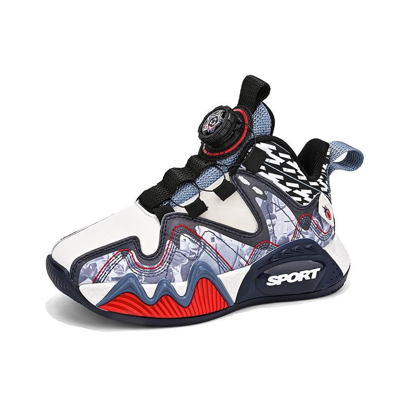 Children's basketball style sports shoes Boys' tide shoes 2025 autumn and winter primary school students leather running shoes rotating buckle middle