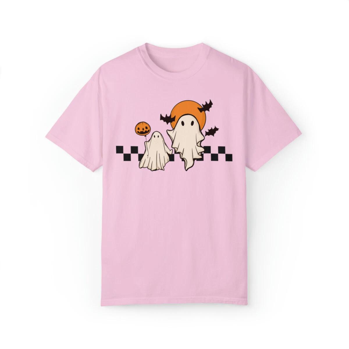 Retro Ghost Halloween Graphic T-Shirt for Men or Women, Full Moon Pumpkin Shirt 4XL