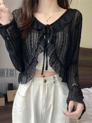 Blusa doce feminina verão chiffon branco manga comprida renda cardigan cropped tops preto proteção solar camisa arejada