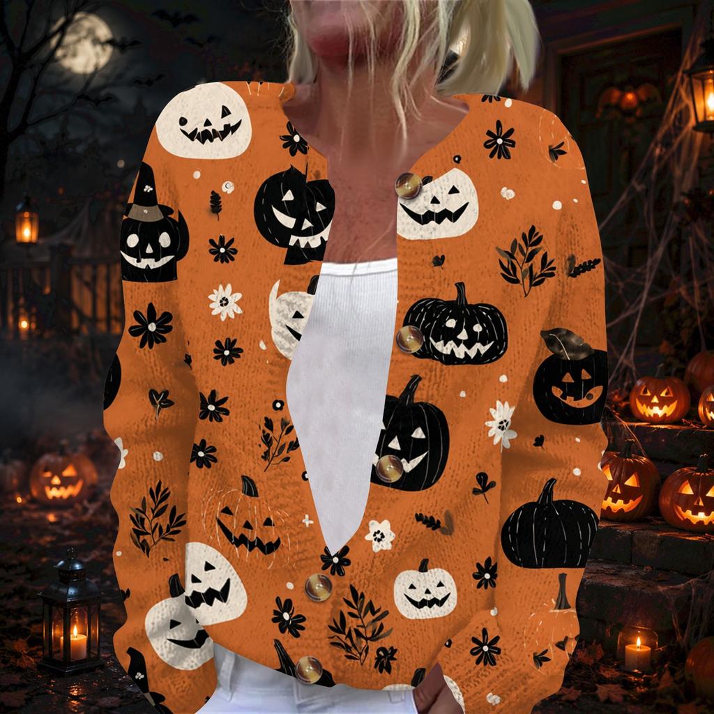 Women's Long Sleeve Halloween Print Cardigan with Button Front for Fall Festive Wear