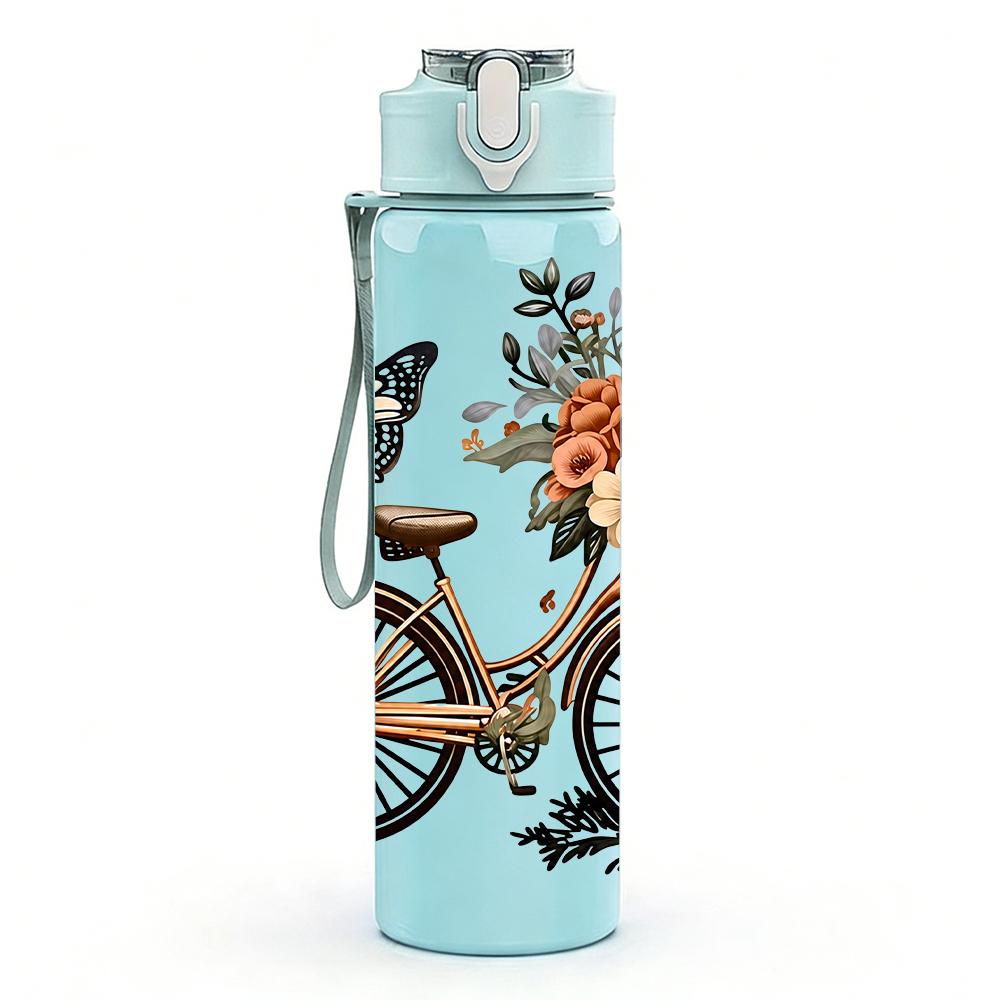 1PC Retro Bicycle Floral Basket 750ml Color Plastic Sports Water Bottle Leakproof Flip Straw Lid Suitable for Sports Office Home Use