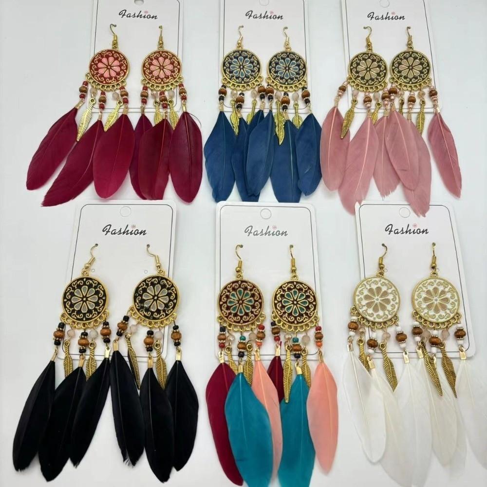 Boho Feather Earrings Ethnic Leaf Shape Long Dangle Tassel Earring Jewelry Accessories Dream Catcher Women Drop Earrings Wedding