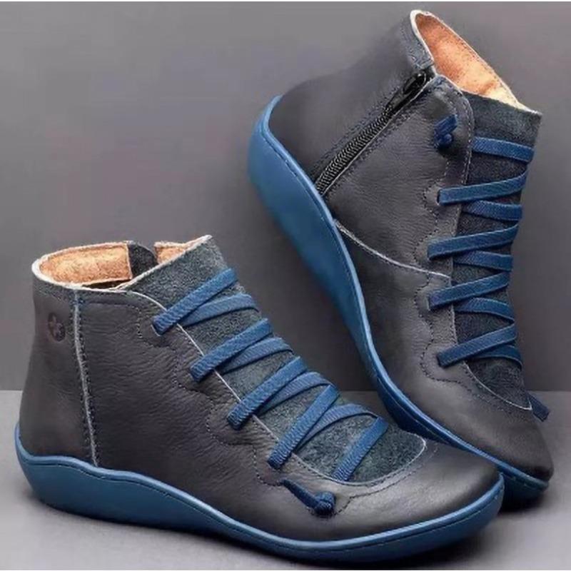 Women's High-Top Short Martin Boots, Flat Workwear Style With Side-Zip.
