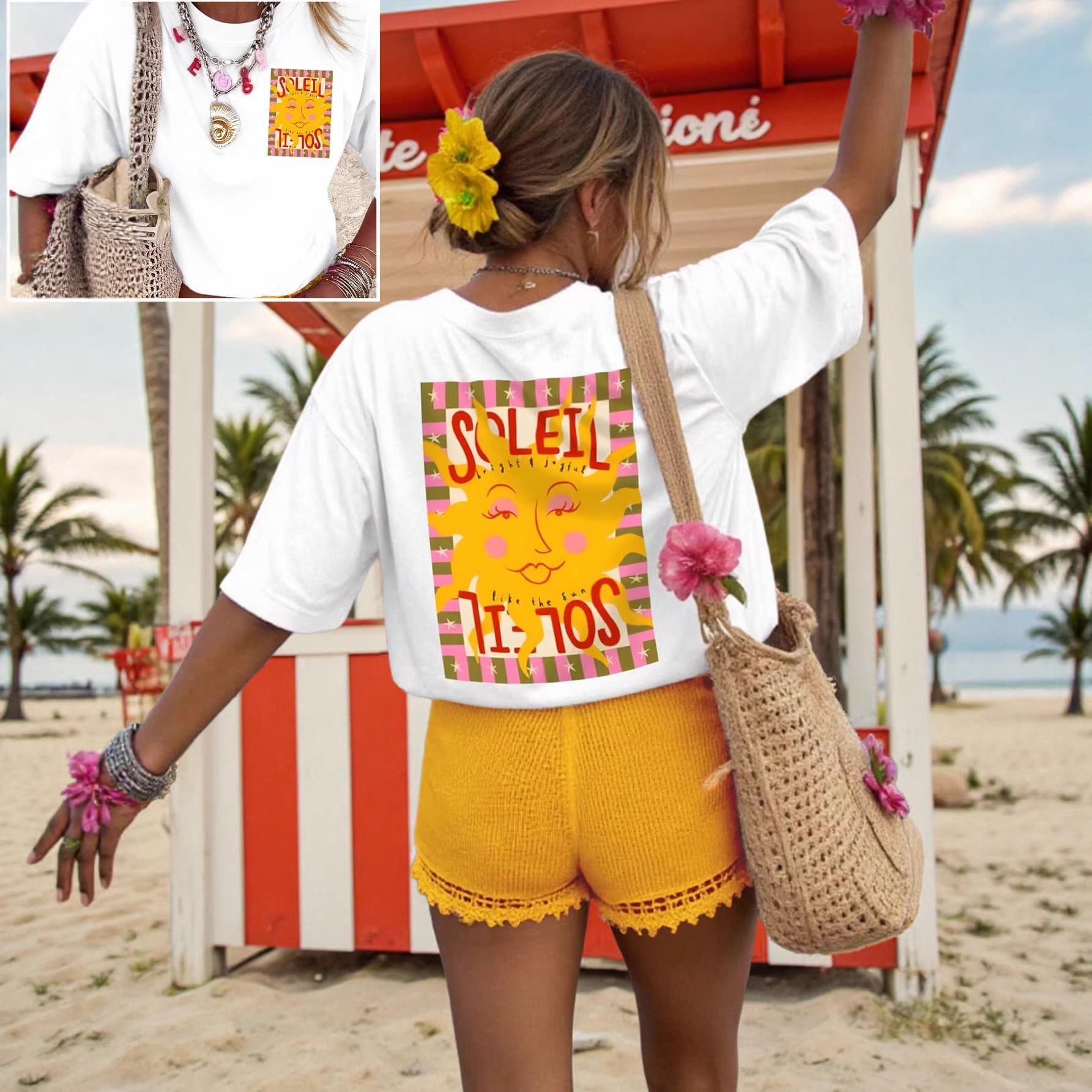 Women s Summer Holiday Style Smiley Face Sun Print Loose Short-Sleeve T-shirt Small белый