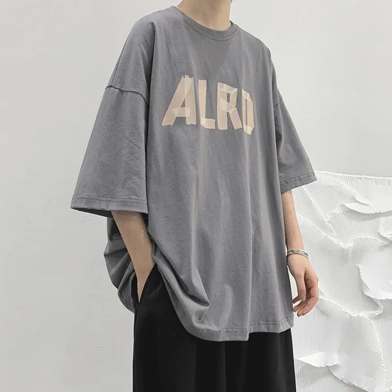 Летняя мужская футболка с короткими рукавами в гонконгском стиле уличная Harajuku универсальные свободные рубашки для мальчиков винтажные футболки унисекс в стиле хип-хоп S серый 1230₽