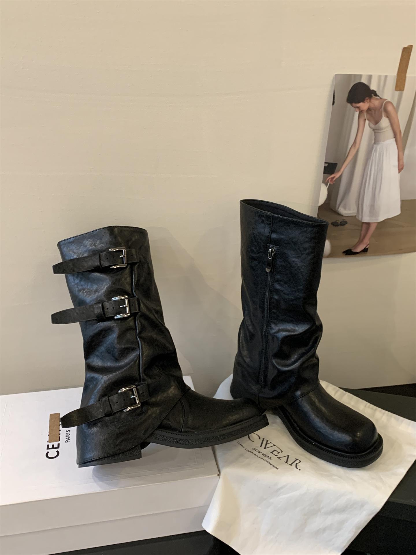 

Thick-soled brown Maillard medium boots women s shoes 2025 new autumn and winter with skirt slim black knight boots 35