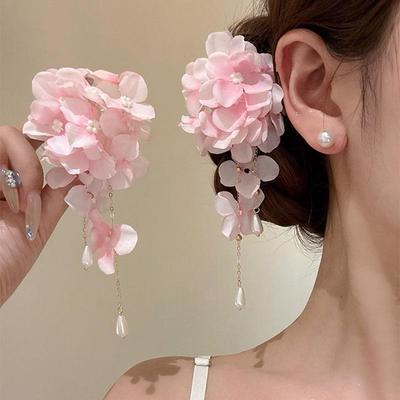 Elegant Pearl Tassel Hair Clip with Fabric Flower - Exquisite New Year Headdress for Women