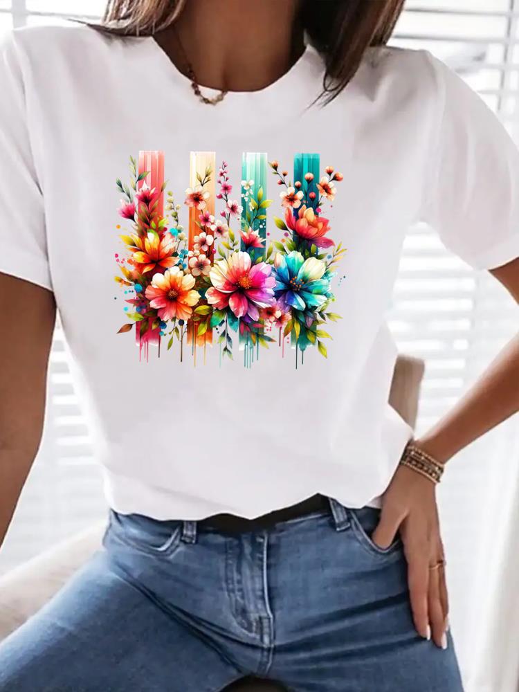 (Asian Size) Clothing T Shirt Woman Women Sweet Flower Floral  Fashion Tee Top Print Female Short Sleeve Graphic T-shirts