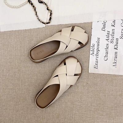 Leather Version~ Retro Bag Head Slippers Women's Summer Wear 2025 New Versatile Woven Roman Sandals Flat-bottomed Slippers