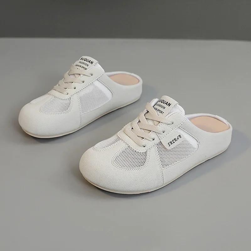 Fashion Women's Shoes Fashion 2025 Summer Slippers Mesh Breathable Flat Shoes Non Slip Round Toe Outdoor Half Slippers Lace Up Mules