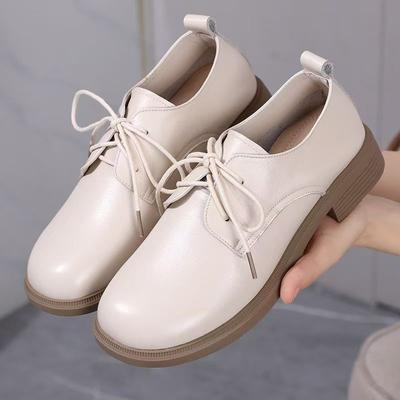 Chaussures Décontractées pour Femmes en Cuir Véritable à Petit Talon Printemps Automne Nouveau Semelle Souple Antidérapante Bout Rond Imperméable à Lacets Chaussure de Travail Légère