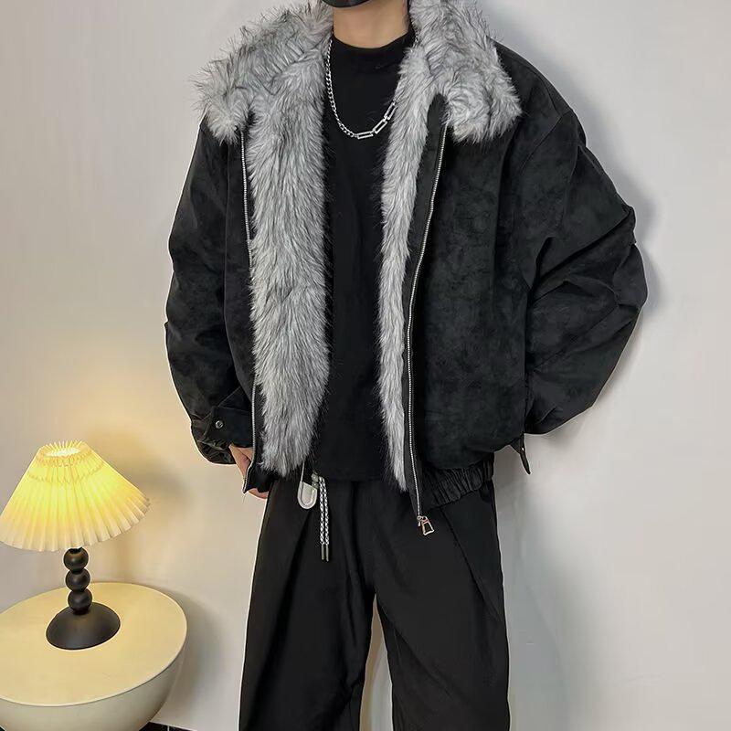 Zuo Shan Diao Unisex Retro Hooded Winter Coat: Fleece-Lined, Thick Cotton Jacket with Fur Collar Large чёрный