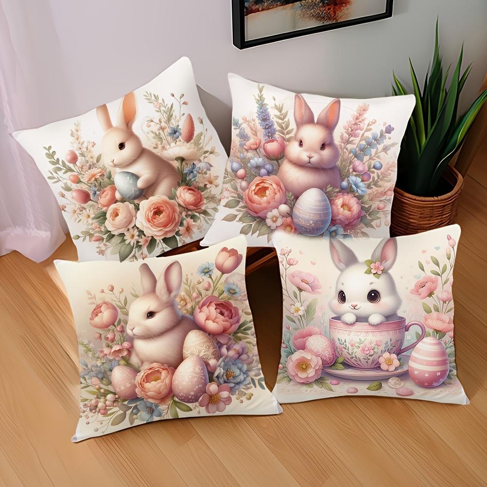 Easter Floral Bunny Print Pillowcase Nordic Home Decor Pillowcase Holiday Bedroom Living Room Decoration Polyester Cushion Cover