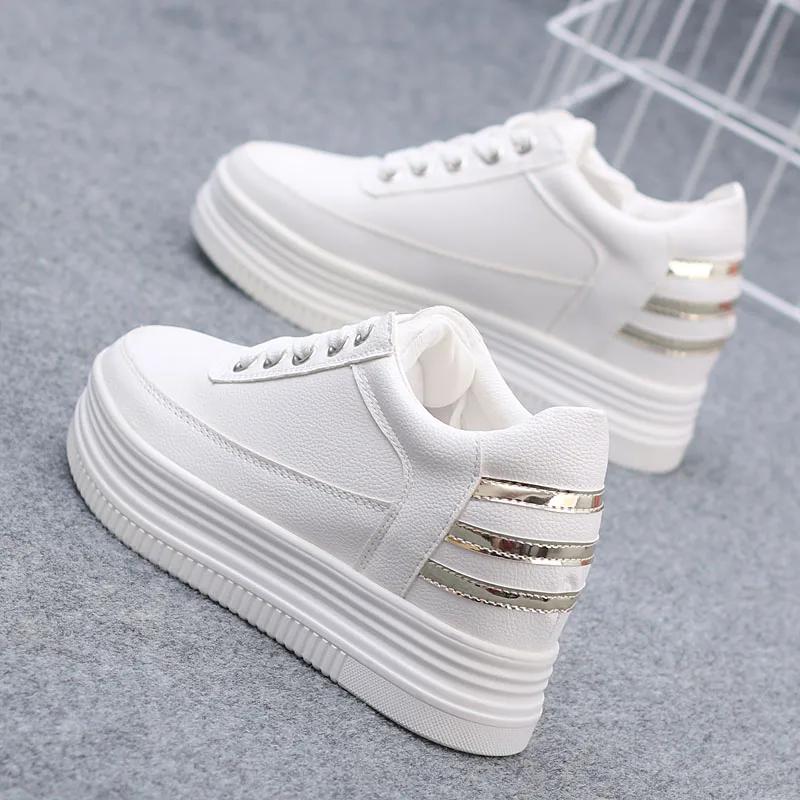 Fashion 8CM Genuine Leather Women Sneakers Autumn  Vulcanized Shoes Fashion Ladies Sports Casual Little White Shoe Cowhide