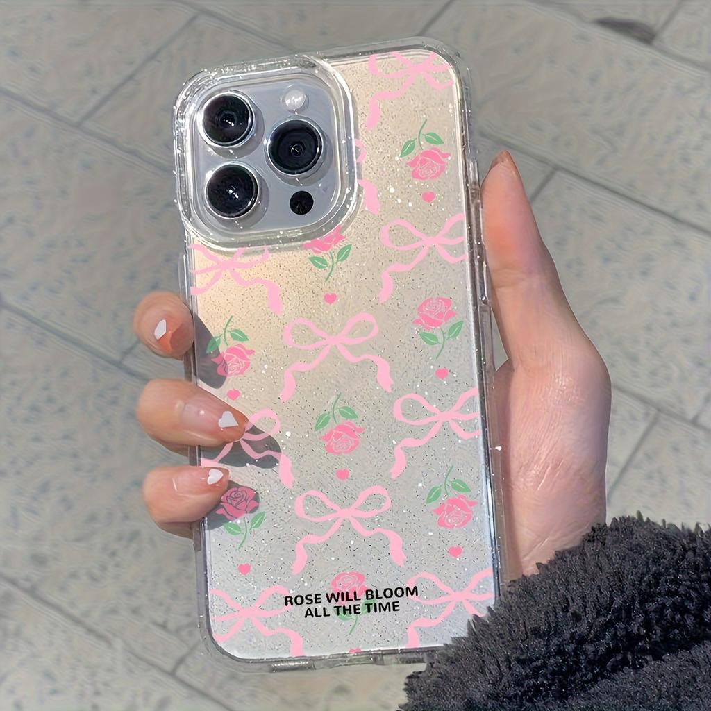 Rose bow is suitable for Apple 13 14 mobile phone case 16promax large hole glitter case XS transparent 11 cute.