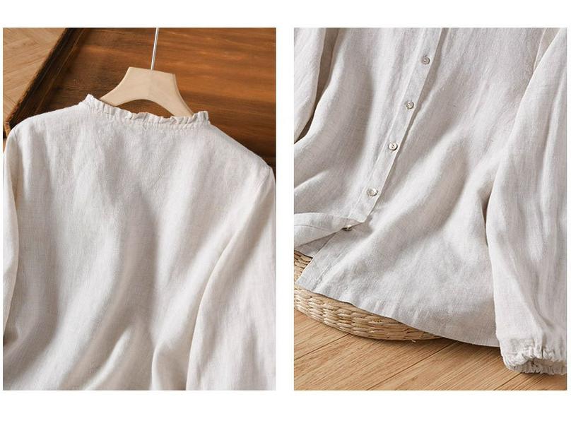 Dámská zeštíhlující halenka s dlouhým rukávem z čistého lnu s ochranou proti slunci - Všestranná ležérní košile na jaro/léto