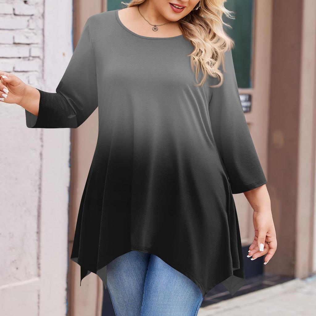 Dámská trička s 3/4 rukávem plus size, tunikové topy s kulatým výstřihem, základní volný střih, trička L-5XL