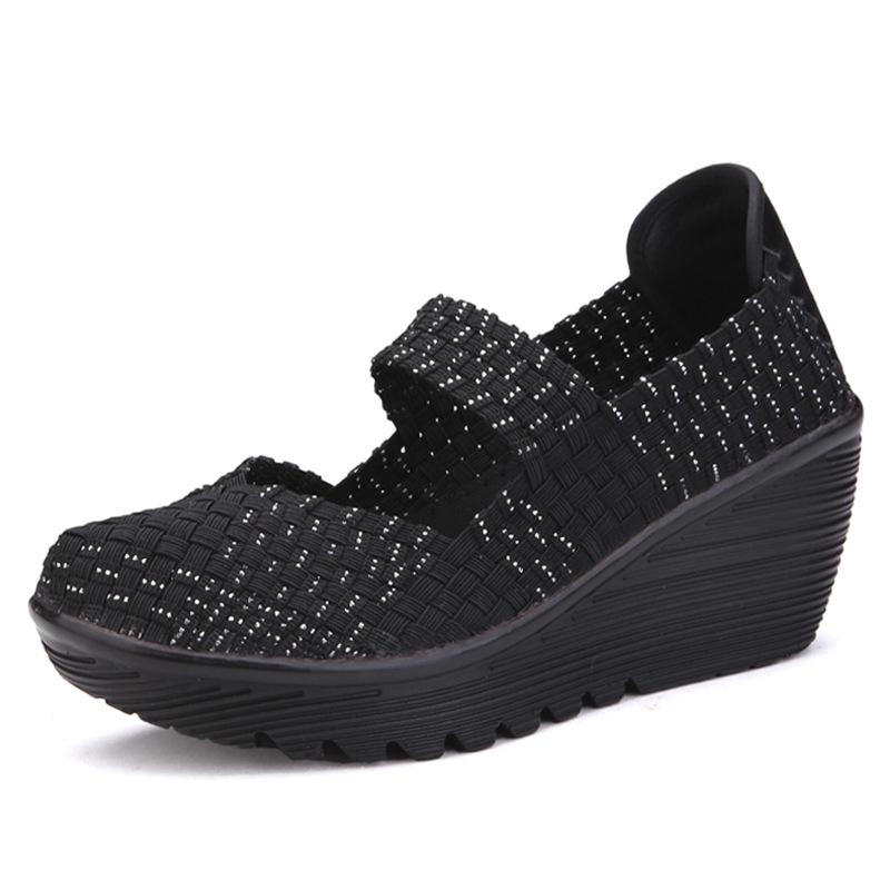 Dámské tkané elastické robustní podpatky na klínu Platforma pro volný čas Nízké podpatky Lehká prodyšná Mary Jane pro ženy Nazouvací lodičky Boty Vycházková obuv