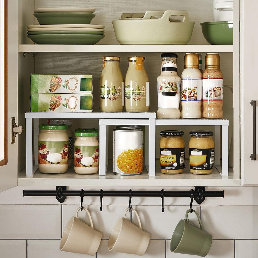 SONGMICS Cabinet Shelf Organizer and Kitchen Shelf Bundle, 4 Stackable Kitchen Cabinet Shelves, Expandable, White and Silver U