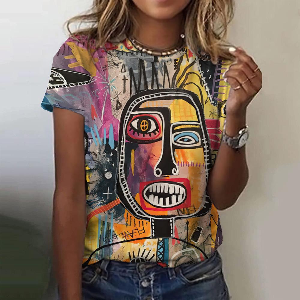 Stampa a quadri moda donna girocollo maniche corte, T-shirt casual quotidiana ampia abbigliamento