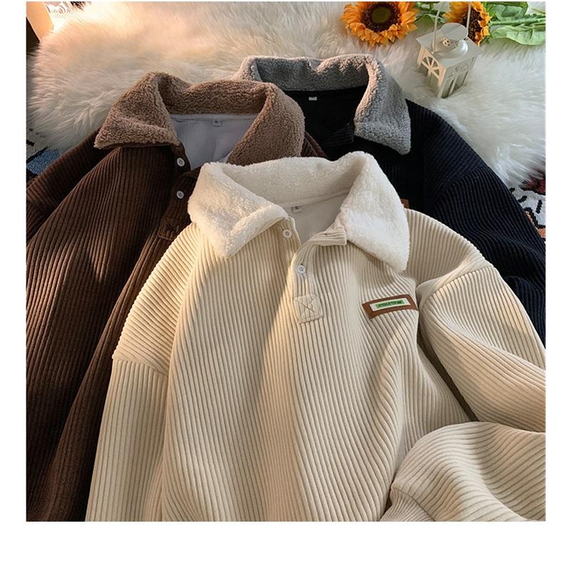 Felpa Uomo in Velluto a Coste con Collo a Polo Vestibilità Larga Manica Lunga Top Casual
