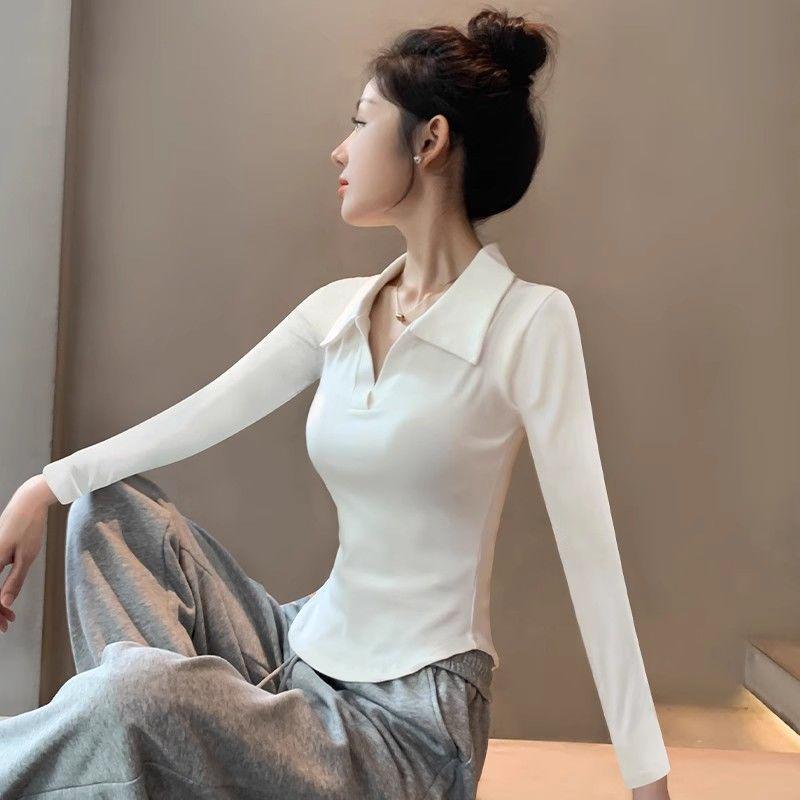 Women s Stylish White Collar Polo Long Sleeve Slimming Base Layer Top for Spring/Autumn Small белый