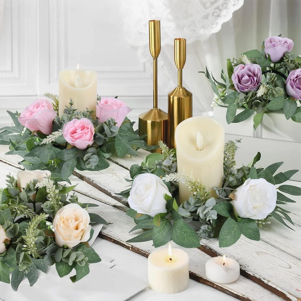 Flower Wreath for Table Small Candle Rings for Wedding Party Christmas Decor Rose Wreaths for Valentine's Day Spring Summer