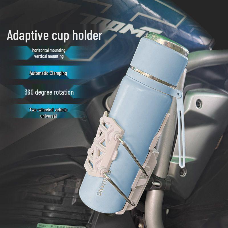 Rotatable Universal Motorcycle & Electric Vehicle Handlebar Cup Holder with Self-Adaptive Crash Bar Add-On