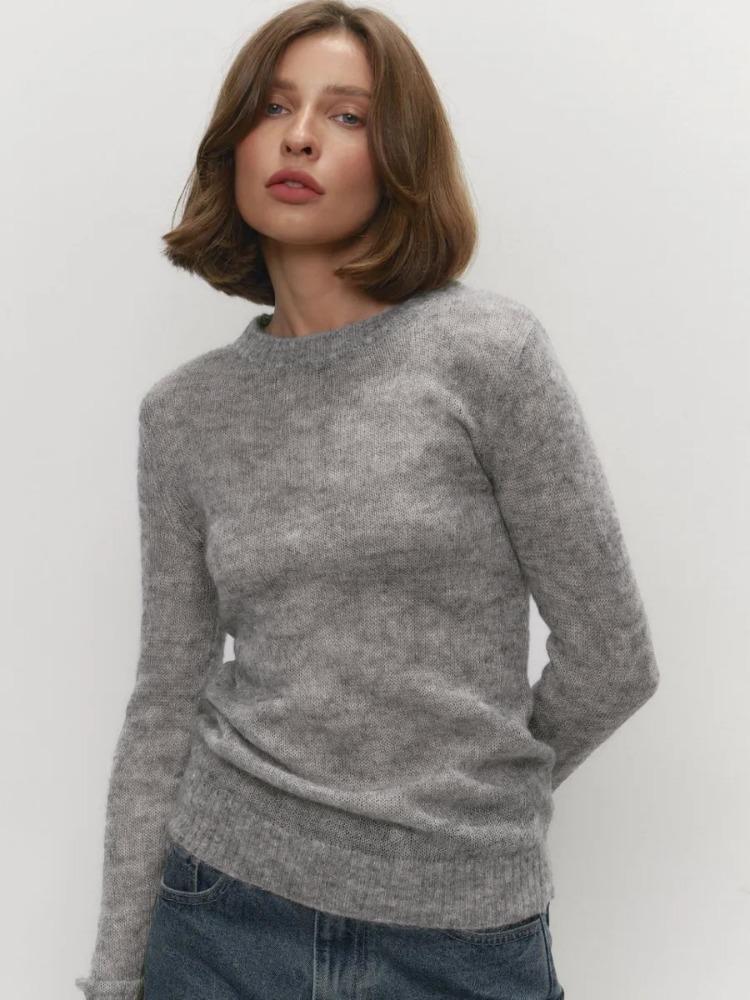 

Mohair Round Collar Pullover Sweater Spring Summer Comfortable Knit Bottom Semi Transparent Sweater Women Comfortable Undercoat Long Sleeves Sweater L