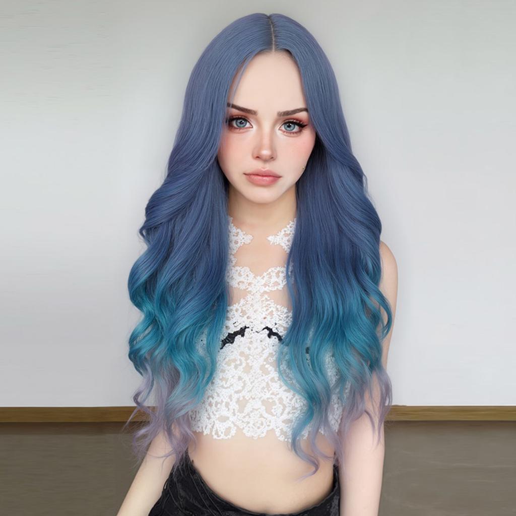 Blue-purple Wavy Wig with Bangs Realistic Cosplay Fake Hair For Daily Dress Party Halloween