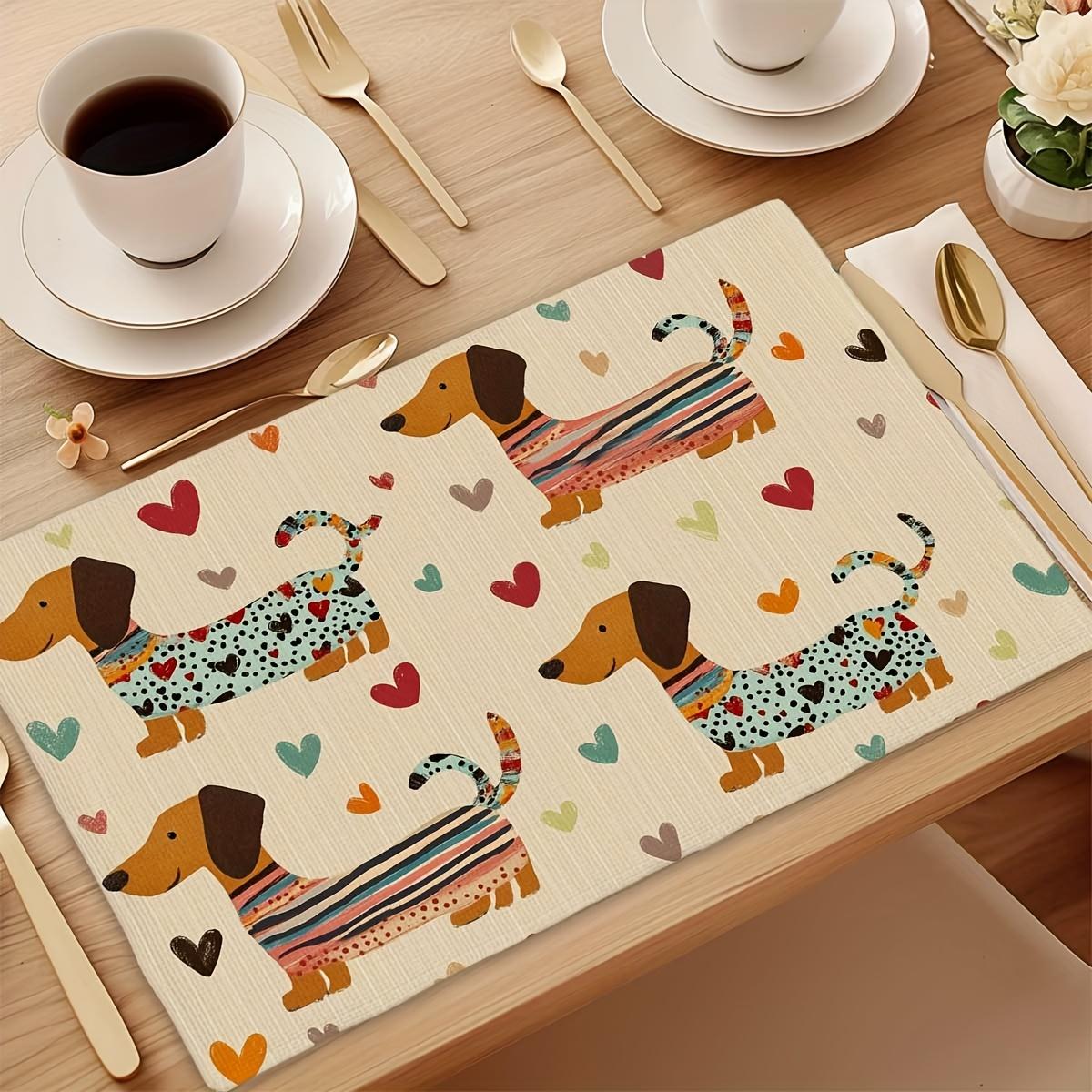 

6PC Playful Dachshund & Heart Design Placemats - Adorable LOVE Accents, Fade-Resistant Linen 6PC 30X45cm