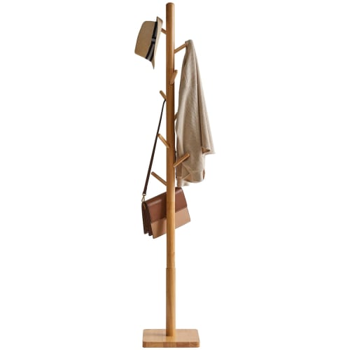 YMYNY Wooden Rubberwood Pole Hanger with Stable Square Base, Three Height Adjustments, 8 Hooks, Easy Assembly, Compact Design for Hats, Bags, and Clot