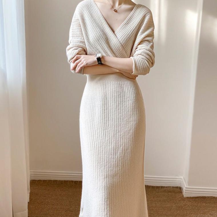French Elegant V-neck Wool Dress, Celebrity Style, Thin In Autumn and Winter, Knitted Dress, Female
