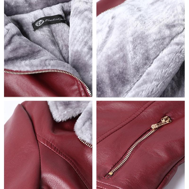 Winter Women's Fleece Leather Jacket Thick Warm PU Leather Jacket Slim Turn Down Collar Flocked Plus Size Leather Coat