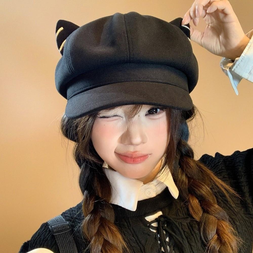 Solid Color Cat Ear Hat Woolen Octagonal Cap Fashion British Beret Hat  Autumn Winter
