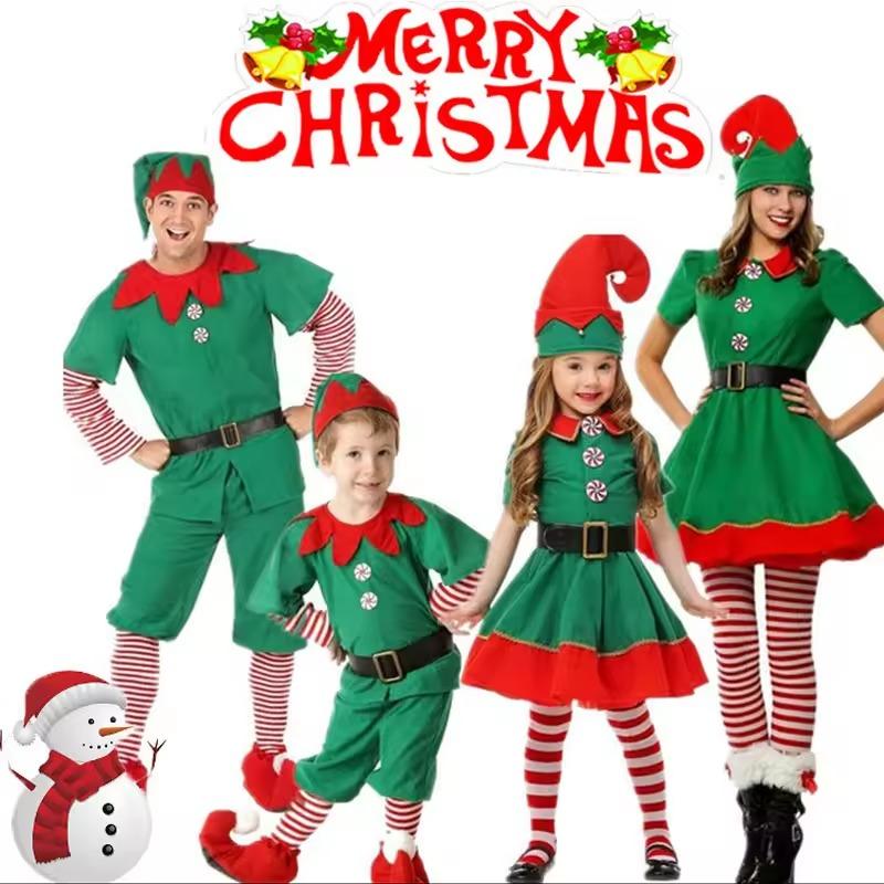 Non-Toxic Children Christmas Elf Costumes Santa Claus Suit Festival Adult Family Halloween Cosplay Sets Green Elves Clothes