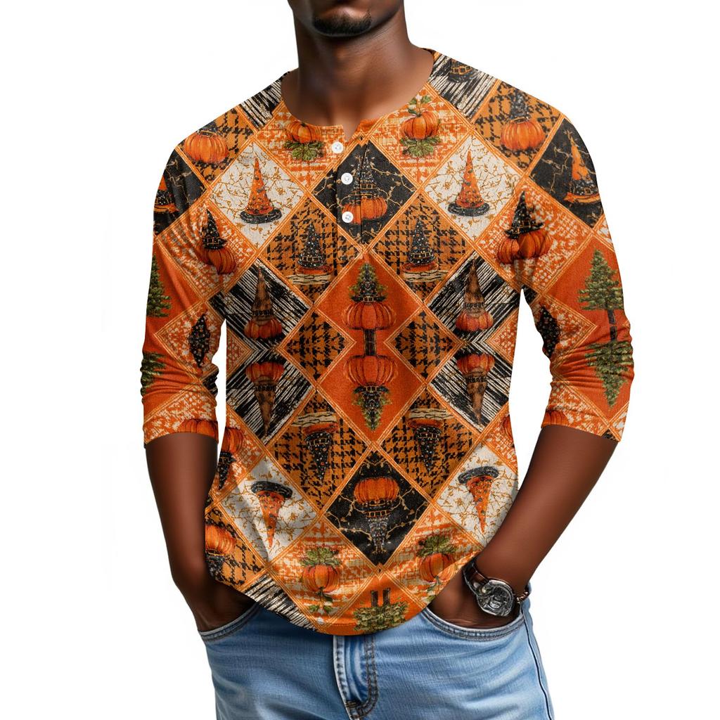 Men Casual Halloween Print Henley Shirt Raglan Three Quarter Sleeve Pullover Top Lightweight Comfortable Fit