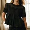 Women Tops Round Neck Short Sleeve Pure Color Pullover Tops Hollow Embroidery Mesh Yarn Loose Fit Casual Tops Daily Wear