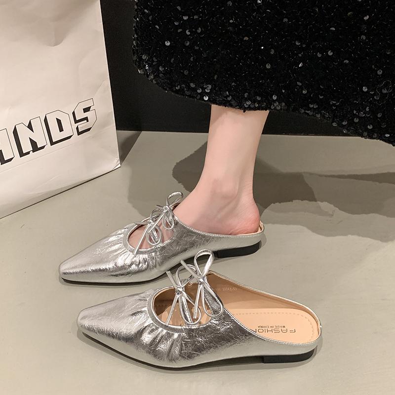 Fashion Female Shoes Butterfly-Knot Slippers Women Summer Increased Internal Low 2025 Silver Fabric Mary Janes PU Rubber Rome Butterfly-