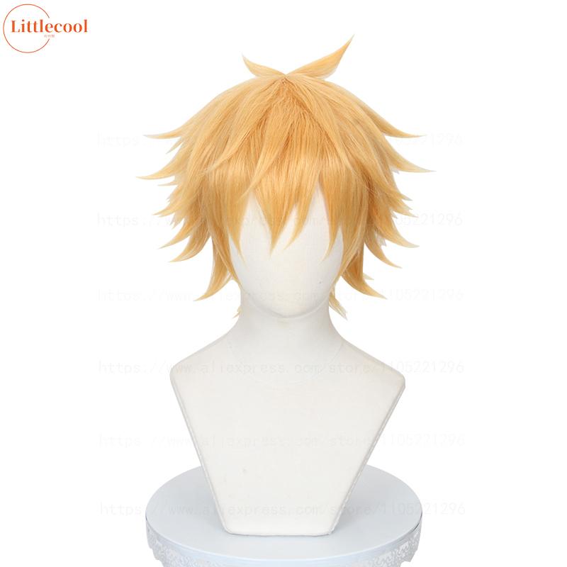 Hoge Kwaliteit Denji Cosplay Pruik Kort Gelaagd Gouden Hittebestendig Synthetisch Haar Halloween Carnaval Anime Pruiken + Pruikenkap beige