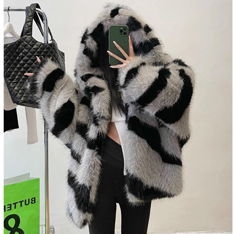 Women's fur coat zebra pattern hooded imitation fox fur coat young thickened winter warm jacket